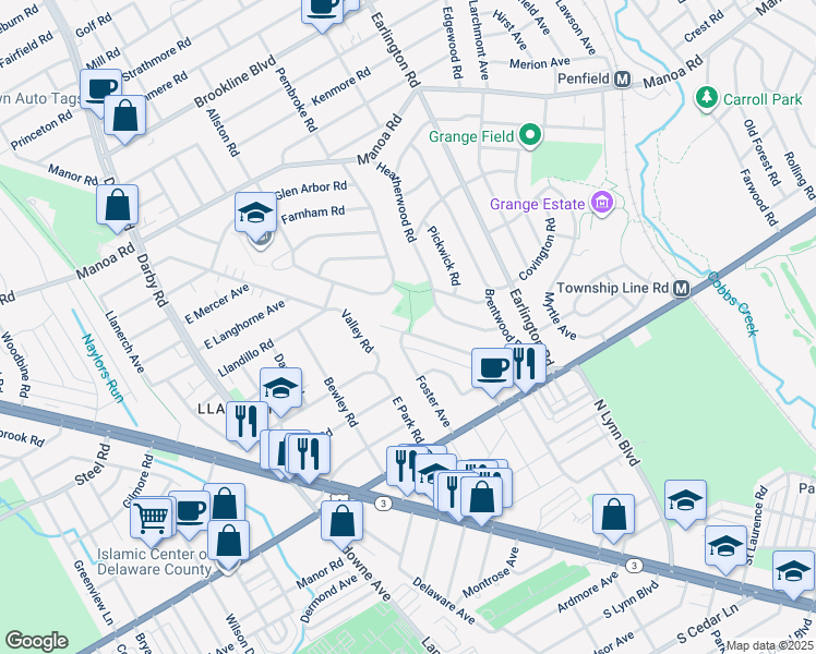 map of restaurants, bars, coffee shops, grocery stores, and more near 201 Juniper Road in Havertown