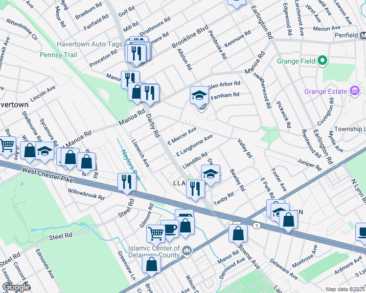 map of restaurants, bars, coffee shops, grocery stores, and more near 8 East Langhorne Avenue in Havertown