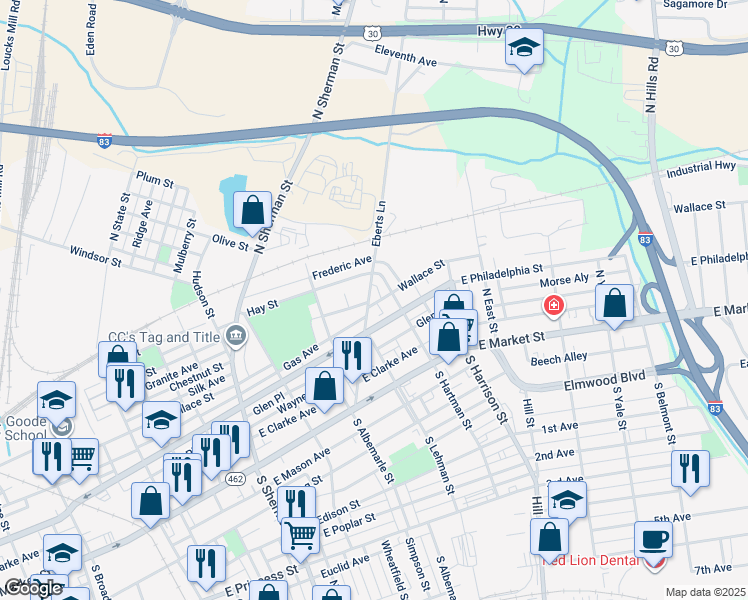 map of restaurants, bars, coffee shops, grocery stores, and more near 205 Eberts Lane in York