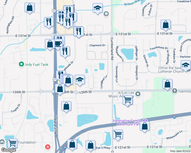 map of restaurants, bars, coffee shops, grocery stores, and more near 9716 Lenwood Street in Fishers