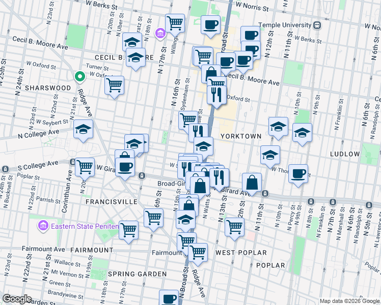 map of restaurants, bars, coffee shops, grocery stores, and more near 1303 North 15th Street in Philadelphia