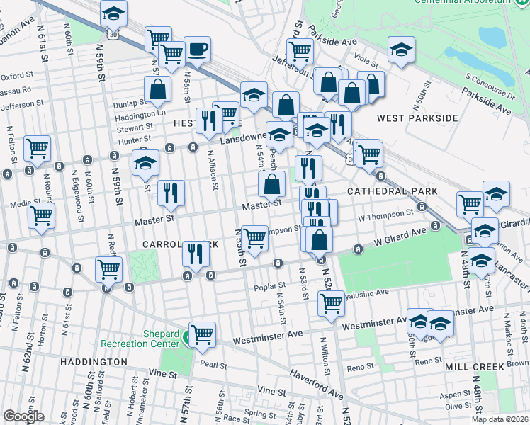 map of restaurants, bars, coffee shops, grocery stores, and more near 1328 North 54th Street in Philadelphia