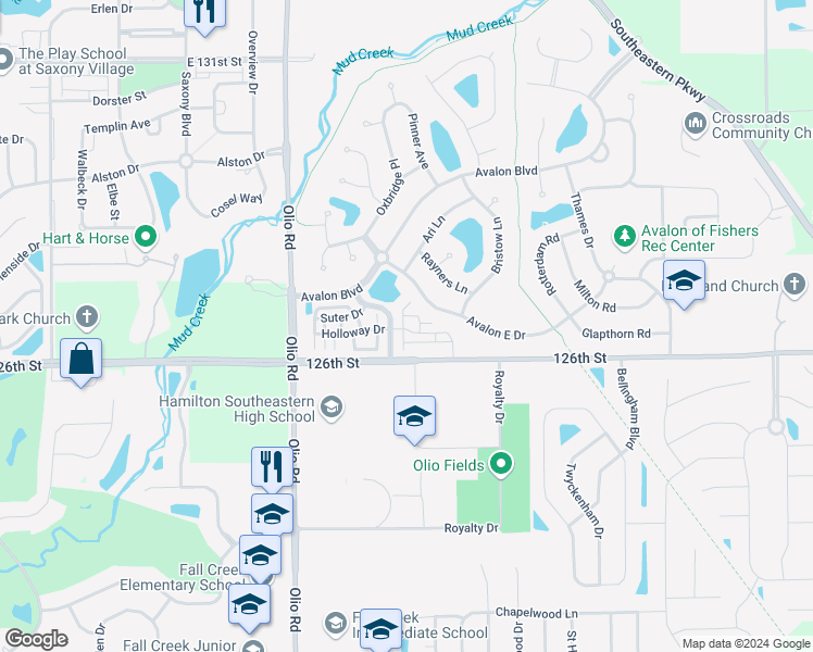 map of restaurants, bars, coffee shops, grocery stores, and more near 12717 Tamworth Drive in Fishers