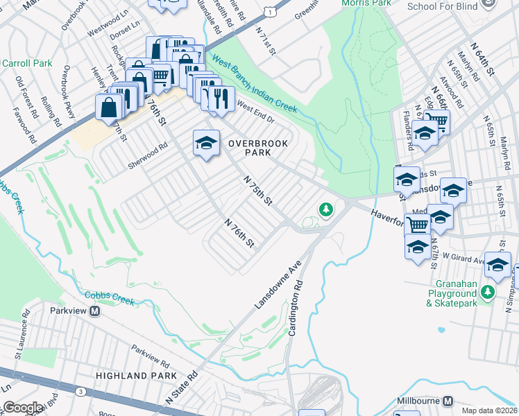 map of restaurants, bars, coffee shops, grocery stores, and more near 1353 Westbury Drive in Philadelphia