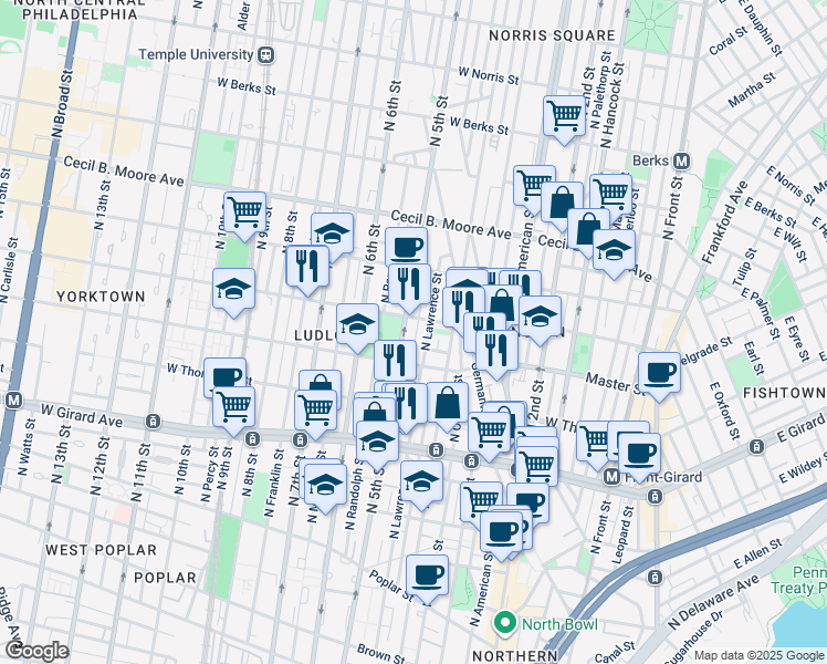 map of restaurants, bars, coffee shops, grocery stores, and more near 1435 North 5th Street in Philadelphia