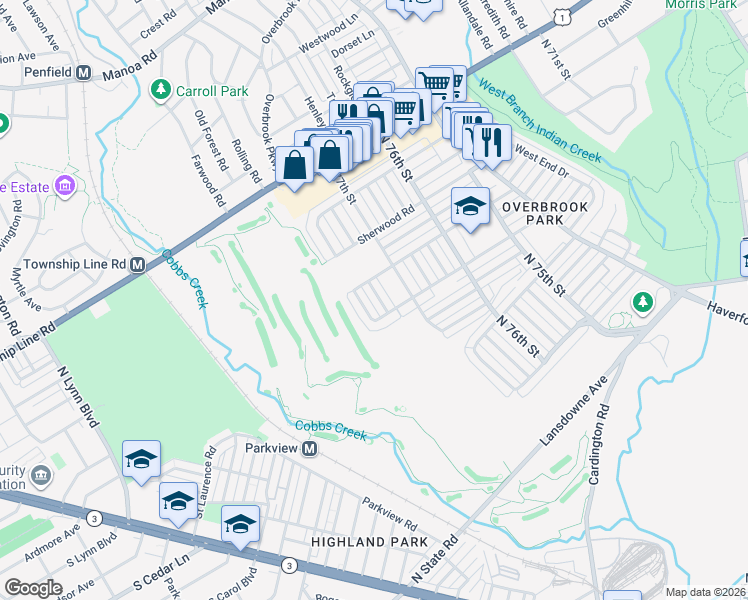 map of restaurants, bars, coffee shops, grocery stores, and more near 1622 Merribrook Road in Philadelphia
