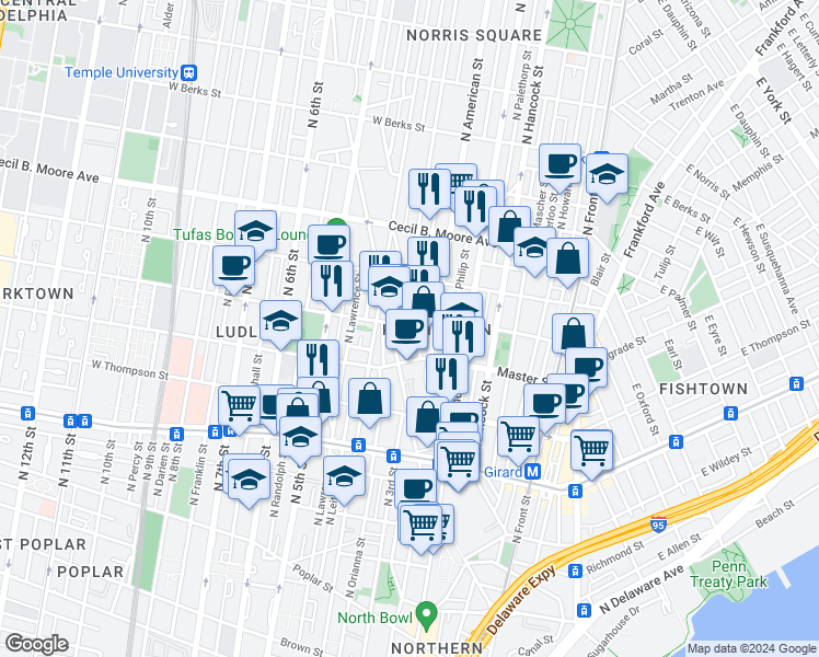 map of restaurants, bars, coffee shops, grocery stores, and more near 1432 North Cadwallader Street in Philadelphia