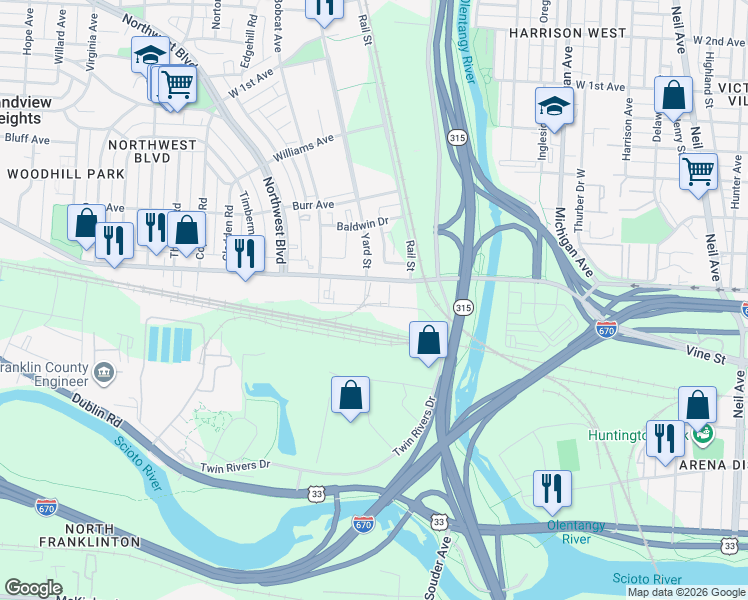 map of restaurants, bars, coffee shops, grocery stores, and more near 777 Goodale Boulevard in Grandview Heights