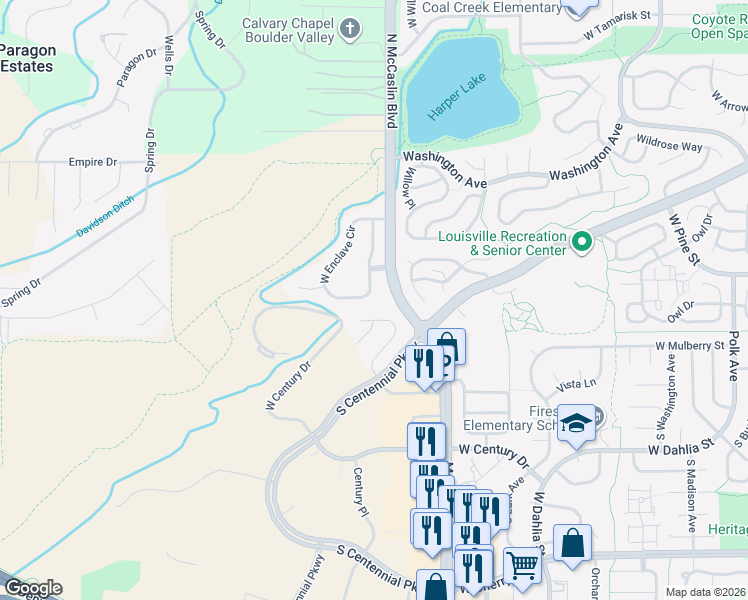 map of restaurants, bars, coffee shops, grocery stores, and more near 1145 West Enclave Circle in Louisville