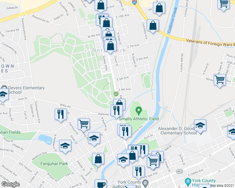 map of restaurants, bars, coffee shops, grocery stores, and more near 731 N George St in York