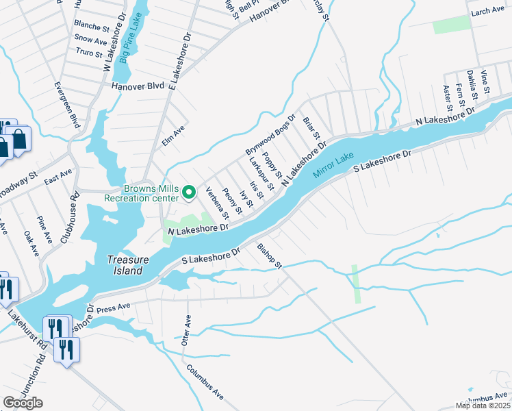 map of restaurants, bars, coffee shops, grocery stores, and more near 501 North Lakeshore Drive in Pemberton Township