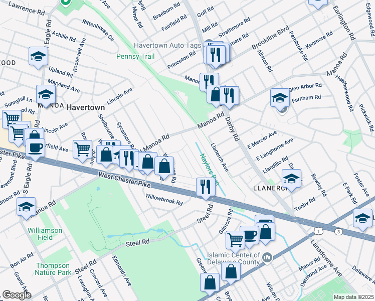 map of restaurants, bars, coffee shops, grocery stores, and more near 816 Naylors Run Road in Havertown