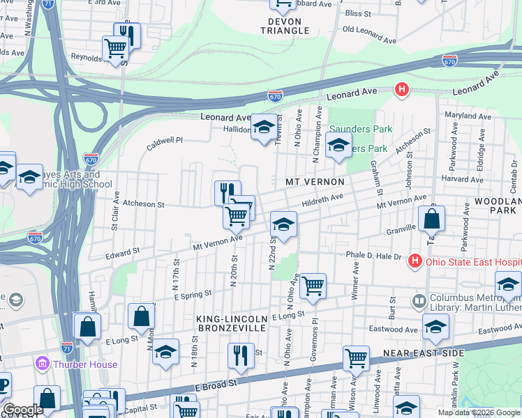 map of restaurants, bars, coffee shops, grocery stores, and more near 1122 Hildreth Avenue in Columbus
