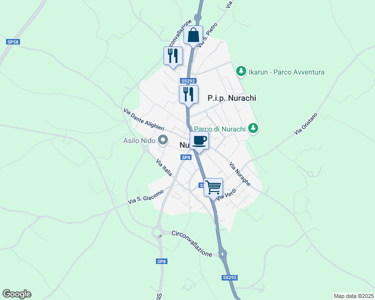 map of restaurants, bars, coffee shops, grocery stores, and more near 9 Via Nuoro in Nurachi