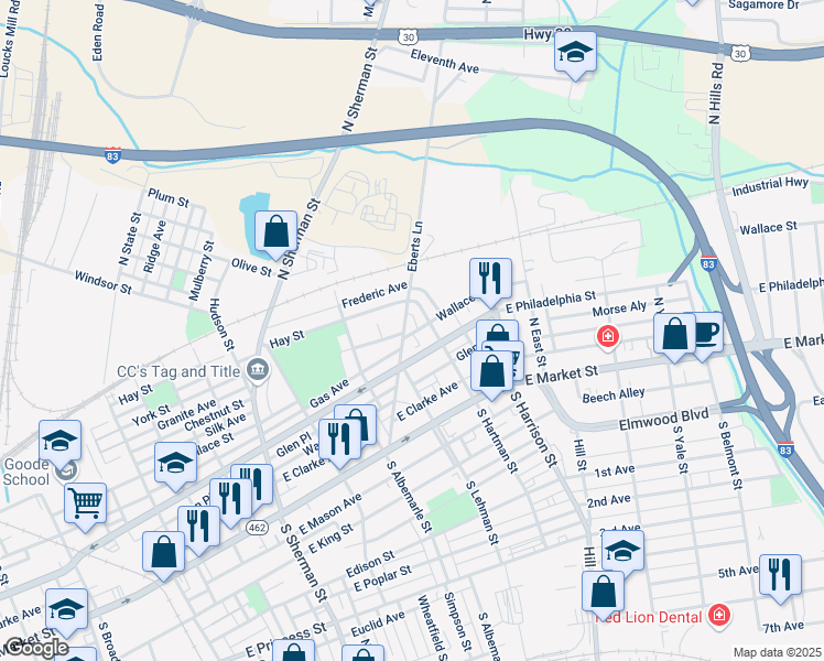 map of restaurants, bars, coffee shops, grocery stores, and more near 203 Eberts Lane in York