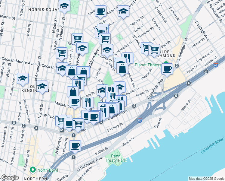 map of restaurants, bars, coffee shops, grocery stores, and more near 1339 East Eyre Street in Philadelphia