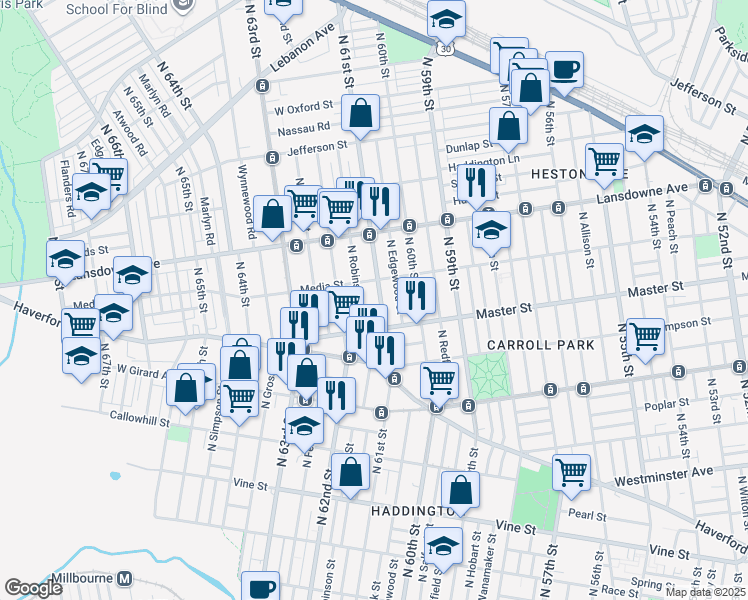 map of restaurants, bars, coffee shops, grocery stores, and more near 1440 North 61st Street in Philadelphia