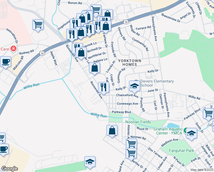 map of restaurants, bars, coffee shops, grocery stores, and more near 840 Fahs Street in York