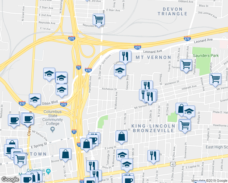 map of restaurants, bars, coffee shops, grocery stores, and more near 413 North Monroe Avenue in Columbus