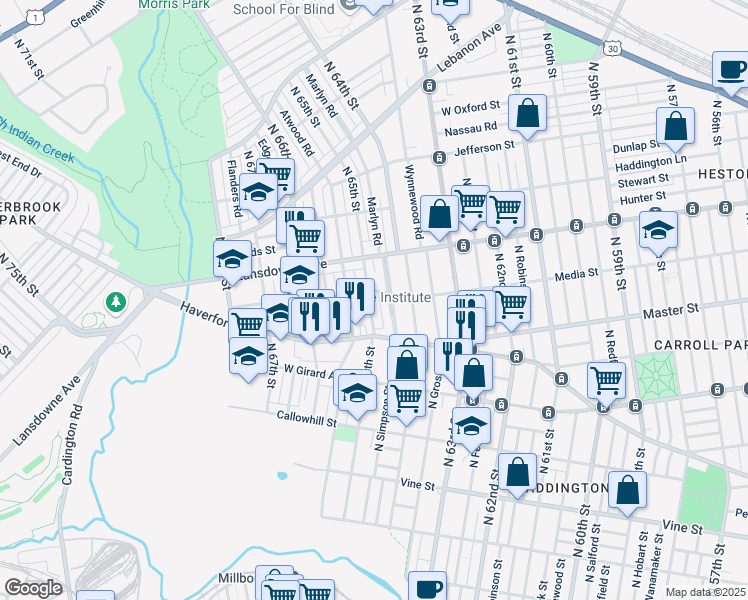 map of restaurants, bars, coffee shops, grocery stores, and more near 655 North 65th Street in Philadelphia