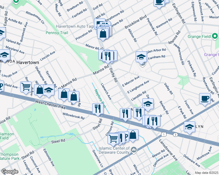 map of restaurants, bars, coffee shops, grocery stores, and more near 30 Fulmer Avenue in Havertown