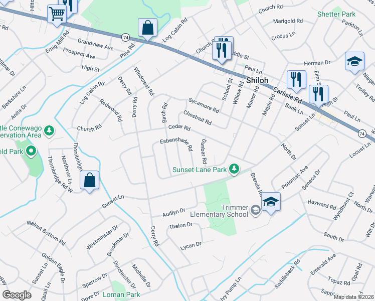 map of restaurants, bars, coffee shops, grocery stores, and more near 2188 Esbenshade Road in Shiloh