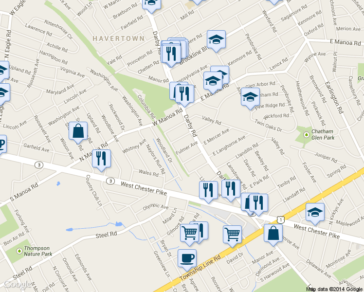 map of restaurants, bars, coffee shops, grocery stores, and more near 30 Fulmer Avenue in Havertown
