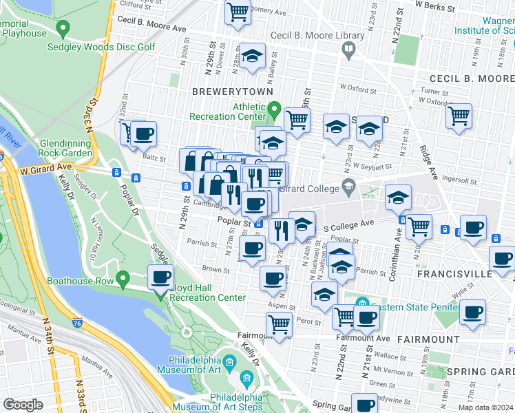 map of restaurants, bars, coffee shops, grocery stores, and more near 938 North 26th Street in Philadelphia