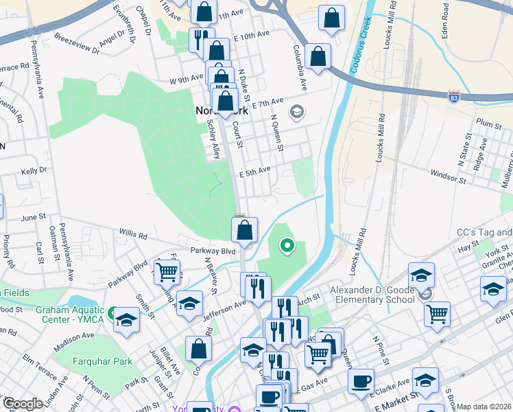 map of restaurants, bars, coffee shops, grocery stores, and more near 50 East 4th Avenue in York