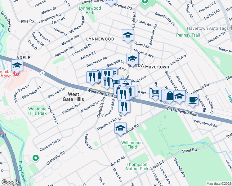 map of restaurants, bars, coffee shops, grocery stores, and more near 1305 West Chester Pike in Havertown
