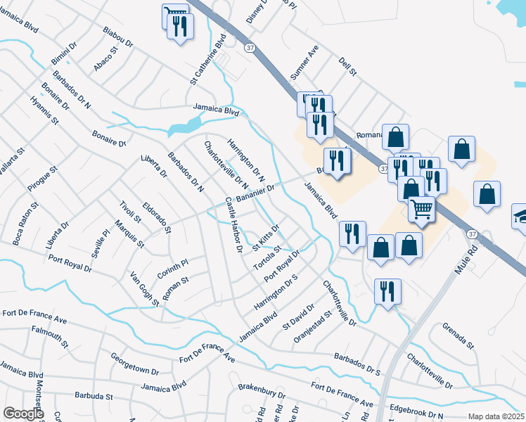 map of restaurants, bars, coffee shops, grocery stores, and more near 214 Charlotteville Drive North in Toms River