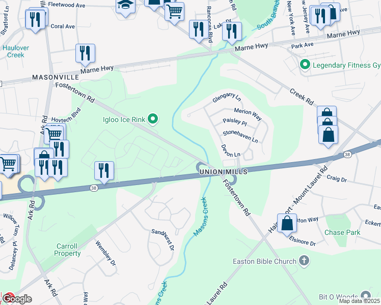 map of restaurants, bars, coffee shops, grocery stores, and more near 3015 Fostertown Road in Mount Laurel Township