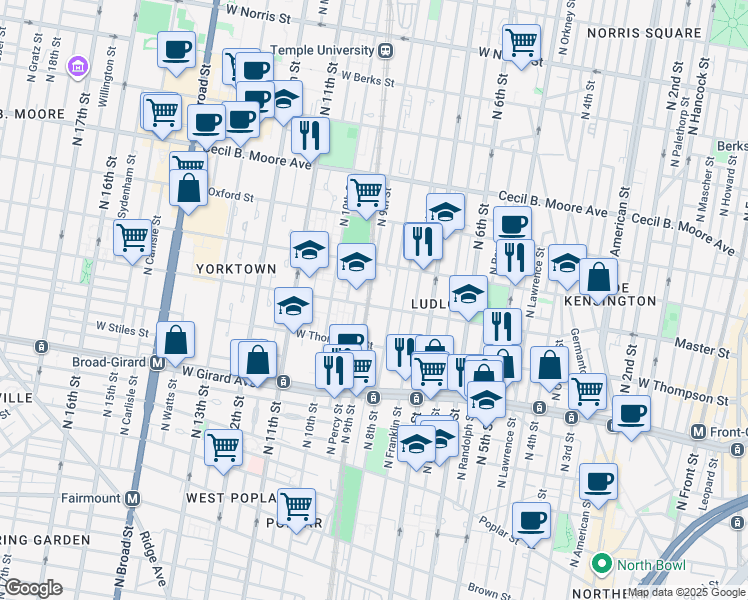 map of restaurants, bars, coffee shops, grocery stores, and more near 805 Master Street in Philadelphia