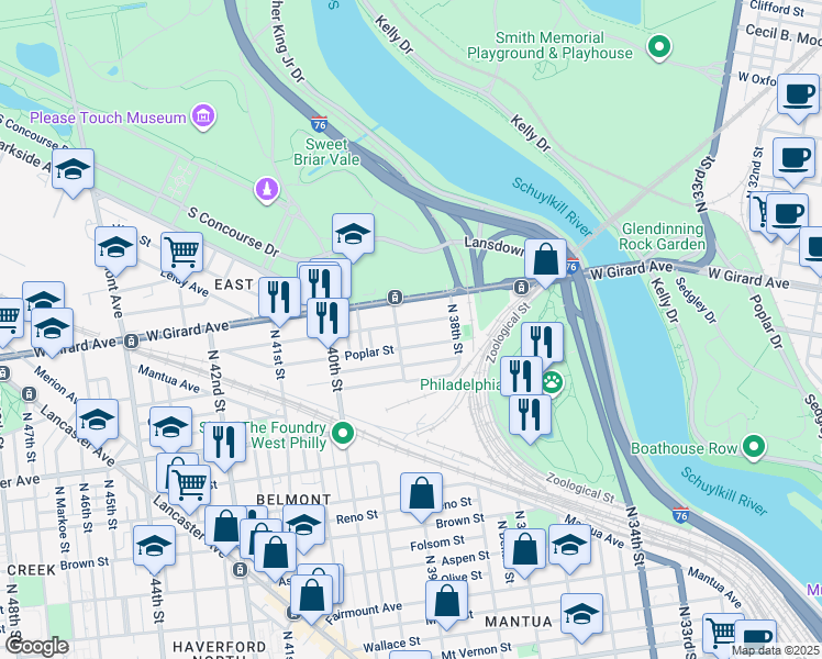 map of restaurants, bars, coffee shops, grocery stores, and more near 3858 Cambridge Street in Philadelphia