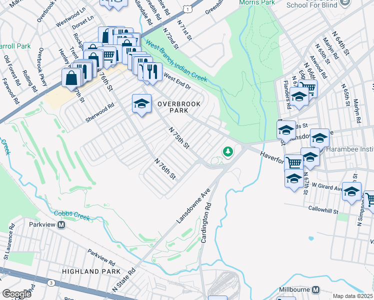 map of restaurants, bars, coffee shops, grocery stores, and more near 1340 North 75th Street in Philadelphia