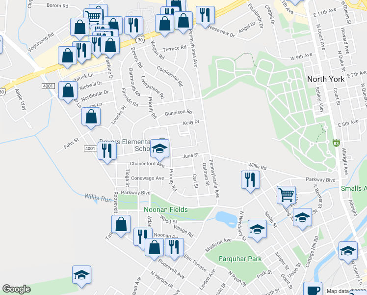 map of restaurants, bars, coffee shops, grocery stores, and more near 1005 Priority Road in York