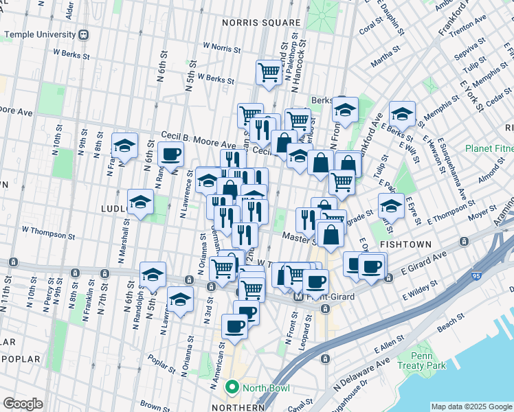 map of restaurants, bars, coffee shops, grocery stores, and more near 106 West Jefferson Street in Philadelphia