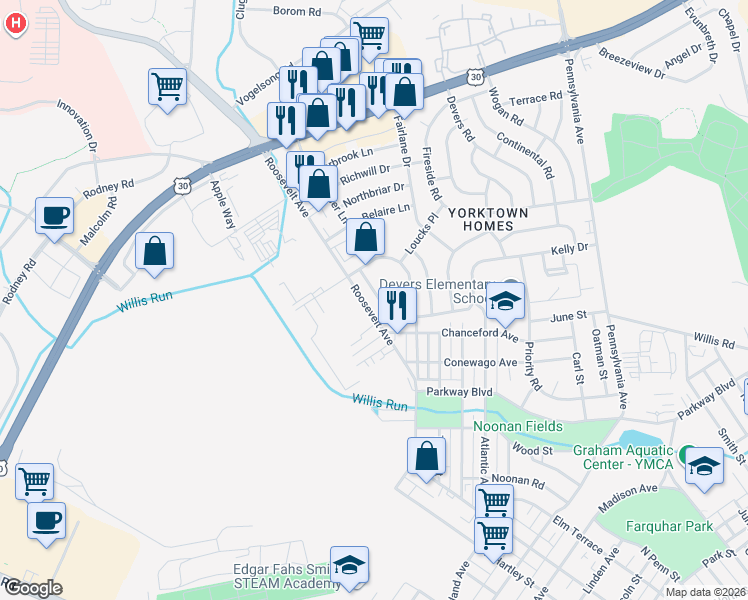 map of restaurants, bars, coffee shops, grocery stores, and more near 1072 Kelly Drive in York