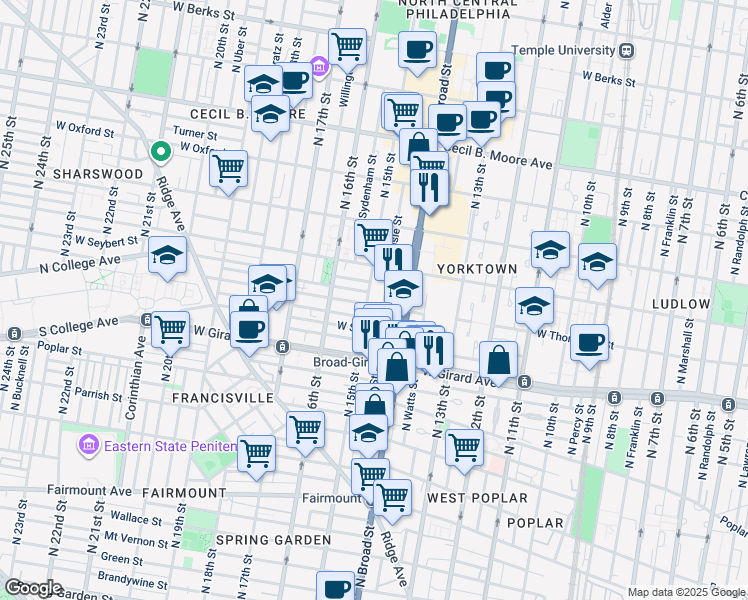 map of restaurants, bars, coffee shops, grocery stores, and more near 1303 North 15th Street in Philadelphia