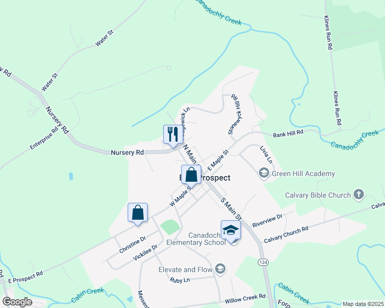 map of restaurants, bars, coffee shops, grocery stores, and more near 25 North Main Street in East Prospect