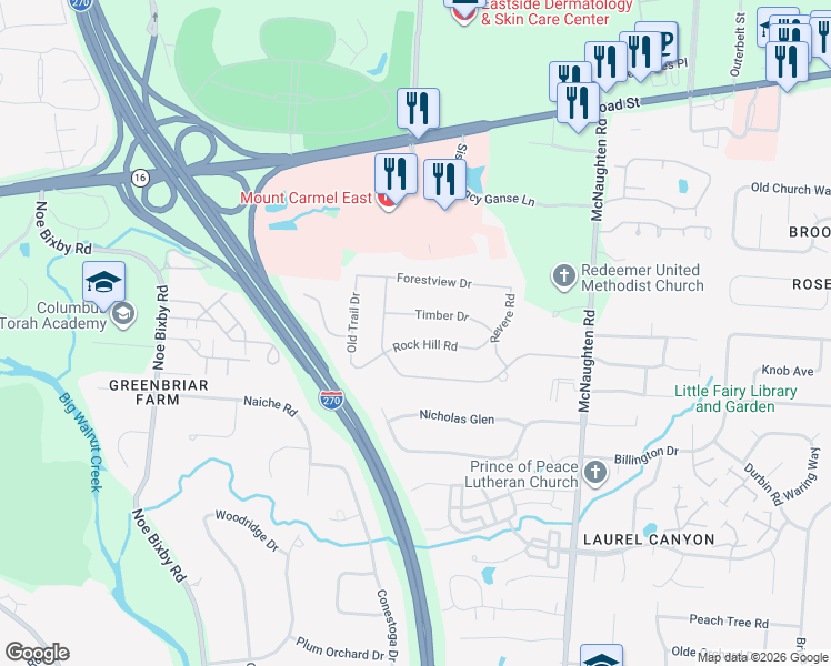 map of restaurants, bars, coffee shops, grocery stores, and more near 5890 Rock Hill Road in Columbus