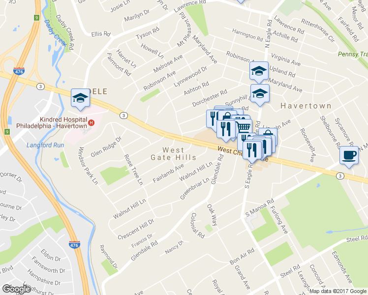 map of restaurants, bars, coffee shops, grocery stores, and more near 112 Ivy Rock Lane in Havertown