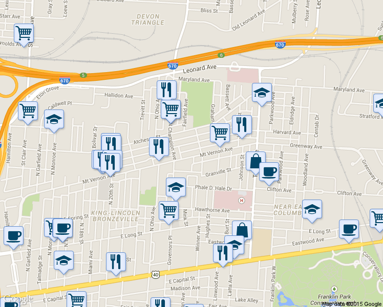 map of restaurants, bars, coffee shops, grocery stores, and more near 1336 Mount Vernon Avenue in Columbus