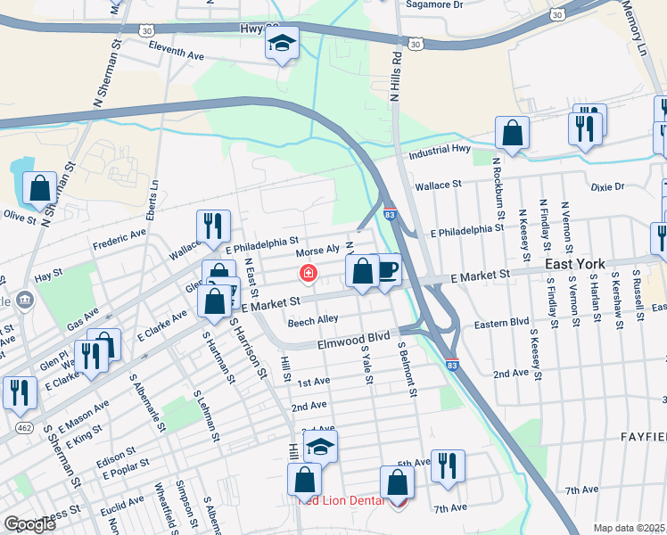map of restaurants, bars, coffee shops, grocery stores, and more near 1548 Wayne Avenue in York