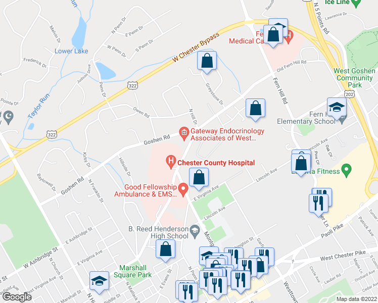 map of restaurants, bars, coffee shops, grocery stores, and more near in Chester County