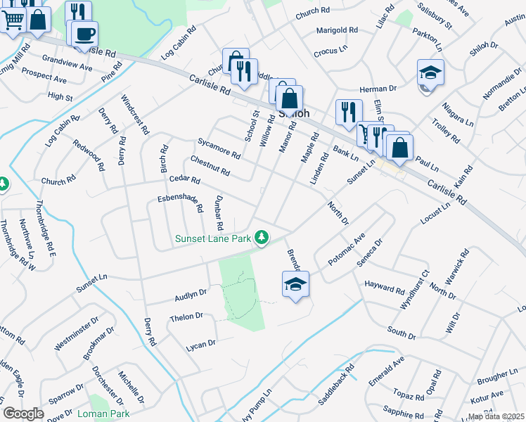map of restaurants, bars, coffee shops, grocery stores, and more near 2354 Manor Road in York