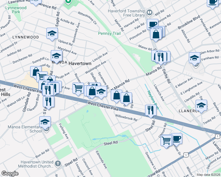 map of restaurants, bars, coffee shops, grocery stores, and more near 300 North Manoa Road in Havertown