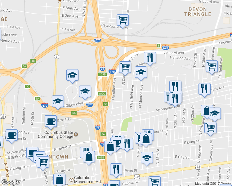 map of restaurants, bars, coffee shops, grocery stores, and more near 436 Hamilton Ave in Columbus