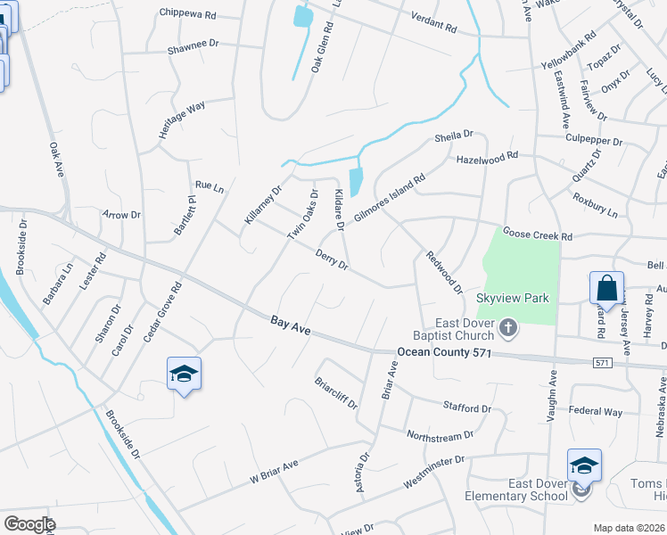 map of restaurants, bars, coffee shops, grocery stores, and more near 603 Cedar Grove Road in Toms River