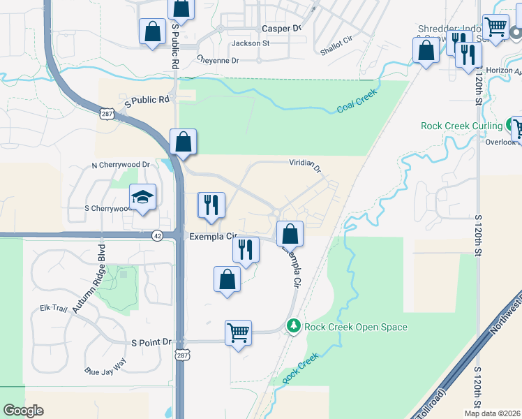 map of restaurants, bars, coffee shops, grocery stores, and more near 2481 South Public Road in Lafayette